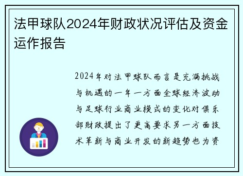 法甲球队2024年财政状况评估及资金运作报告