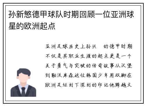 孙新慜德甲球队时期回顾一位亚洲球星的欧洲起点